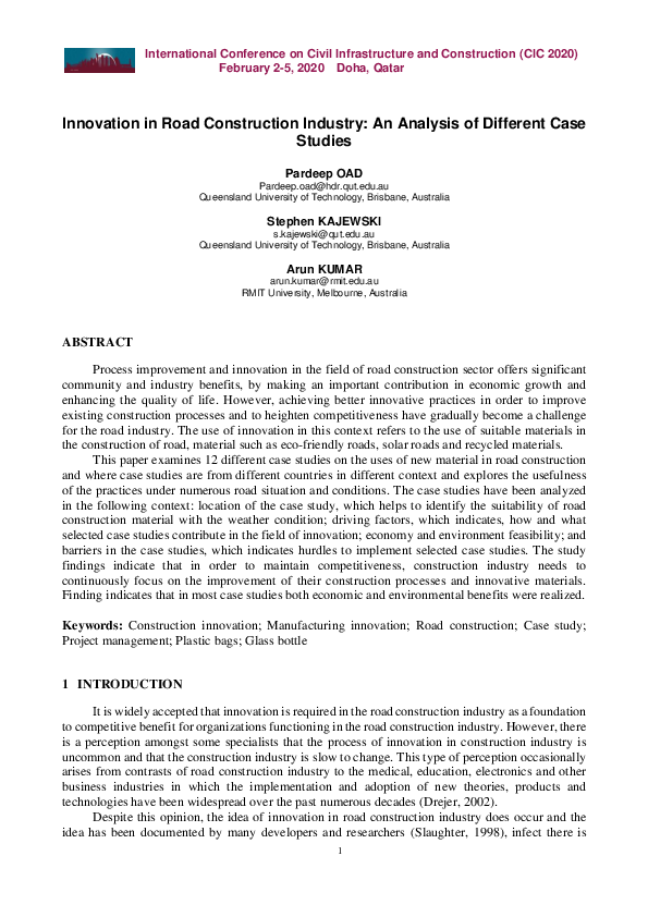 (PDF) Innovation in Road Construction Industry: An Analysis of ...