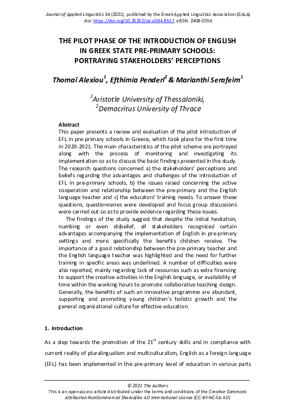 (PDF) The pilot phase of the introduction of English in Greek state pre ...