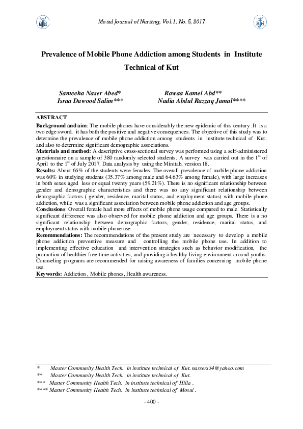 (PDF) Prevalence of Mobile Phone Addiction among Students in Institute ...