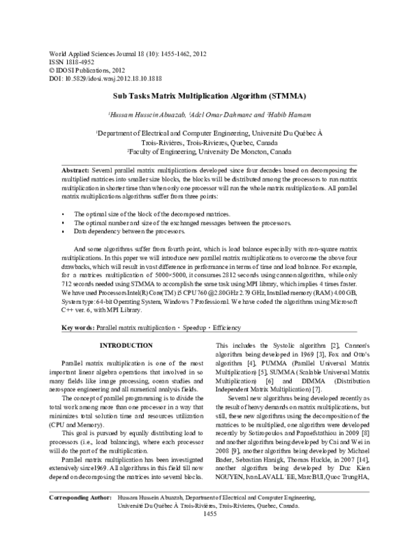 (PDF) Sub Tasks Matrix Multiplication Algorithm (STMMA) | Hussam Abu ...