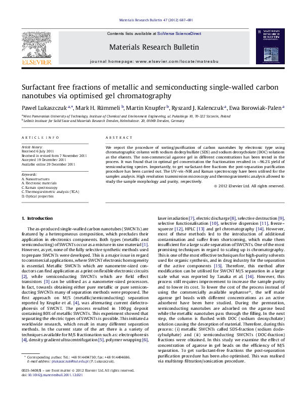 (PDF) Surfactant free fractions of metallic and semiconducting single