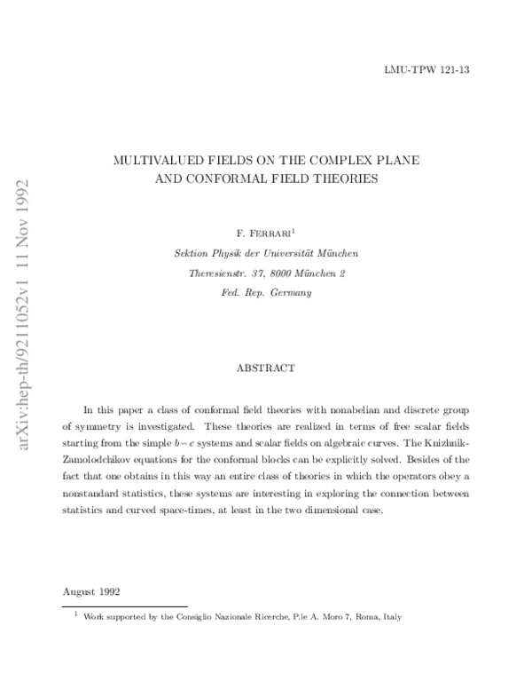 (PDF) Multivalued fields on the complex plane and conformal field theories