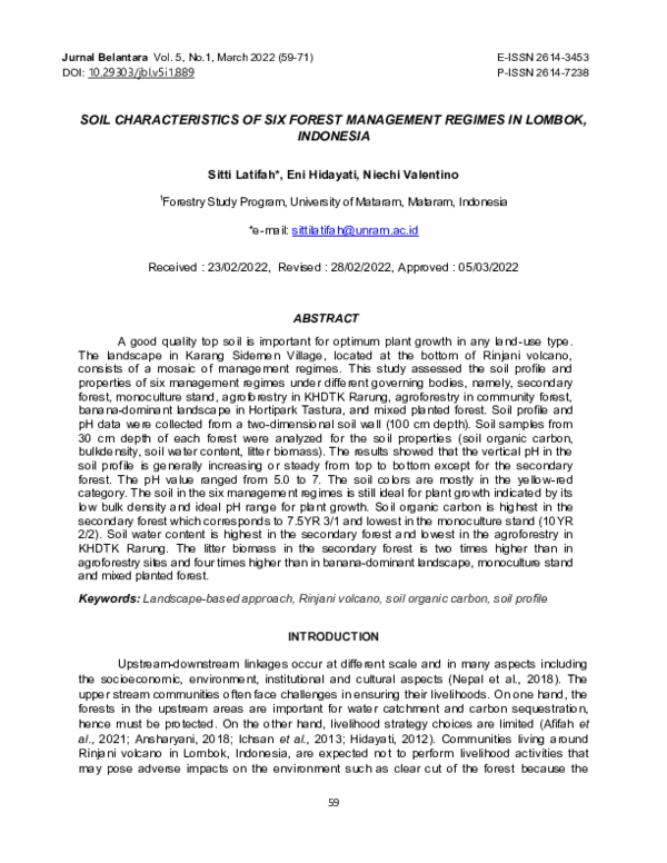(PDF) Soil Characteristics of Six Management Regimes in Lombok Indonesia