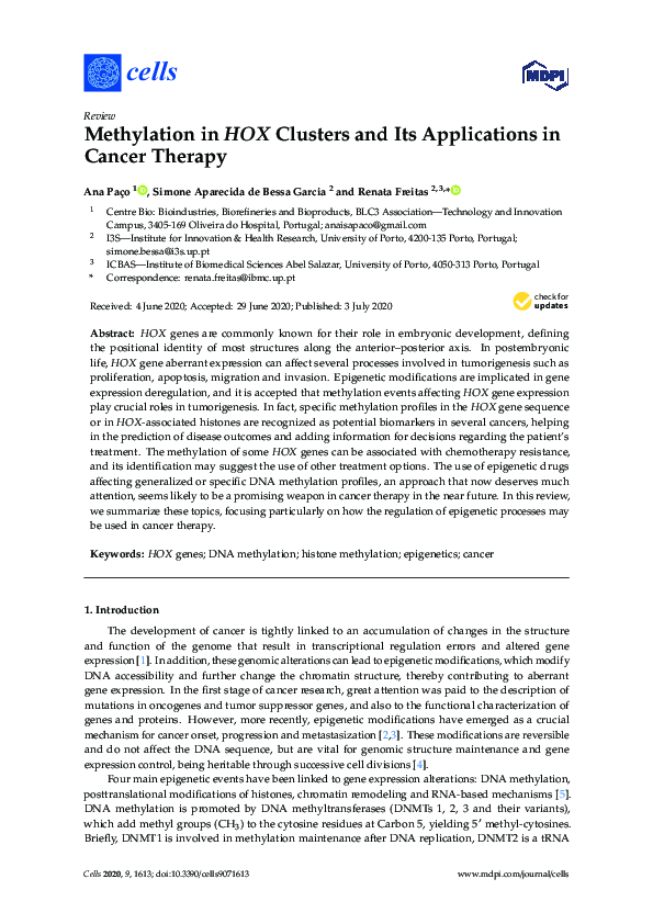 (PDF) Methylation in HOX Clusters and Its Applications in Cancer Therapy