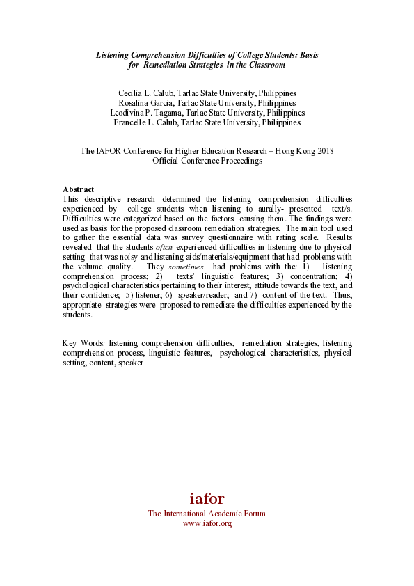 (PDF) Listening Comprehension Difficulties of College Students -Basis ...