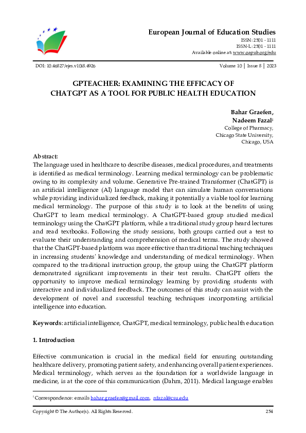 (PDF) Gpteacher: Examining the Efficacy of Chatgpt as a Tool for Public ...