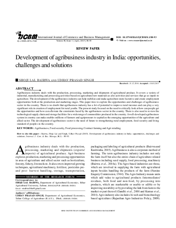 (PDF) Development of agribusiness industry in India: opportunities ...