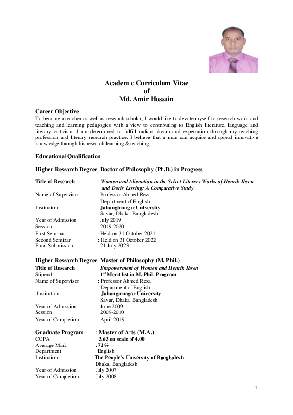 (PDF) Academic Curriculum Vitae of Md. Amir Hossain Career Objective