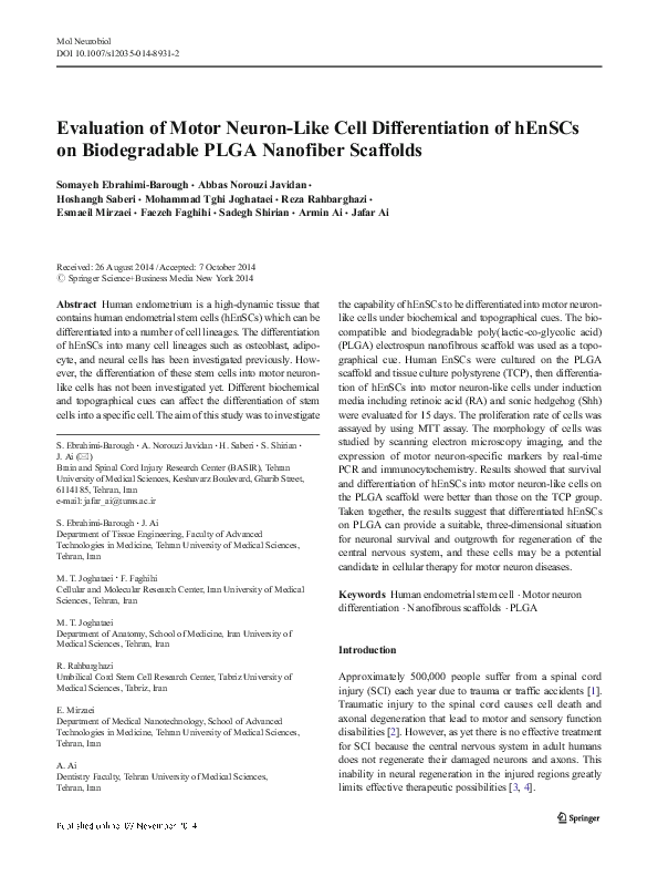 (PDF) Evaluation of Motor Neuron-Like Cell Differentiation of hEnSCs on ...