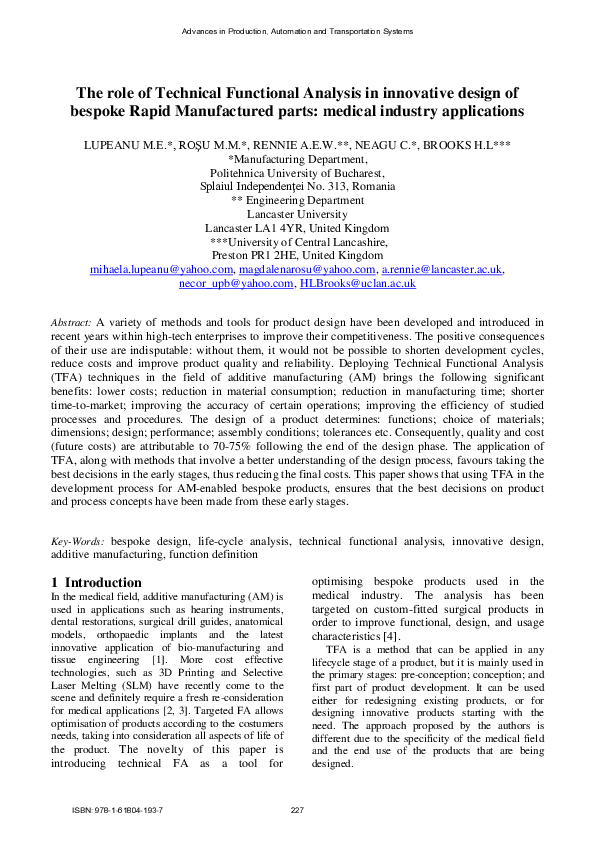The role of technical functional analysis in innovative design of bespoke rapid manufactured parts:medical industry applications