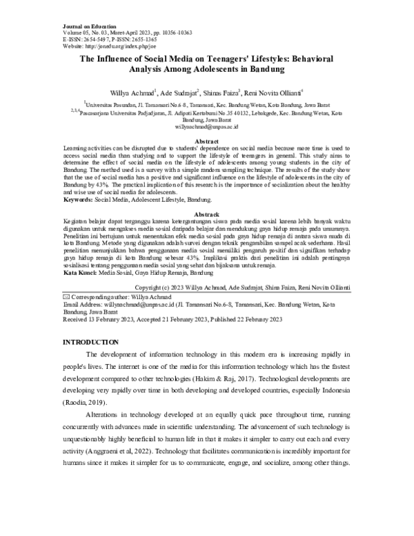 (PDF) The Influence of Social Media on Teenagers' Lifestyles ...