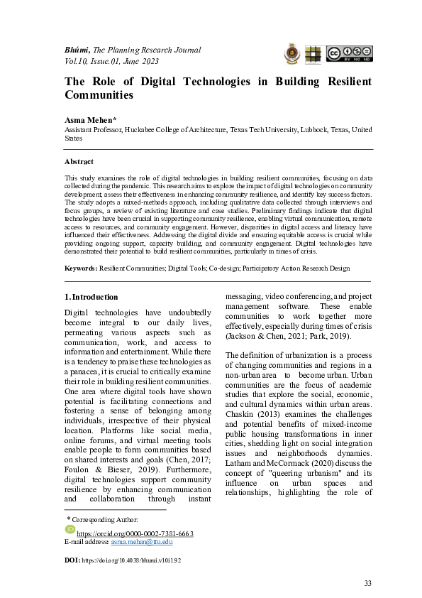 (PDF) The Role of Digital Technologies in Building Resilient Communities