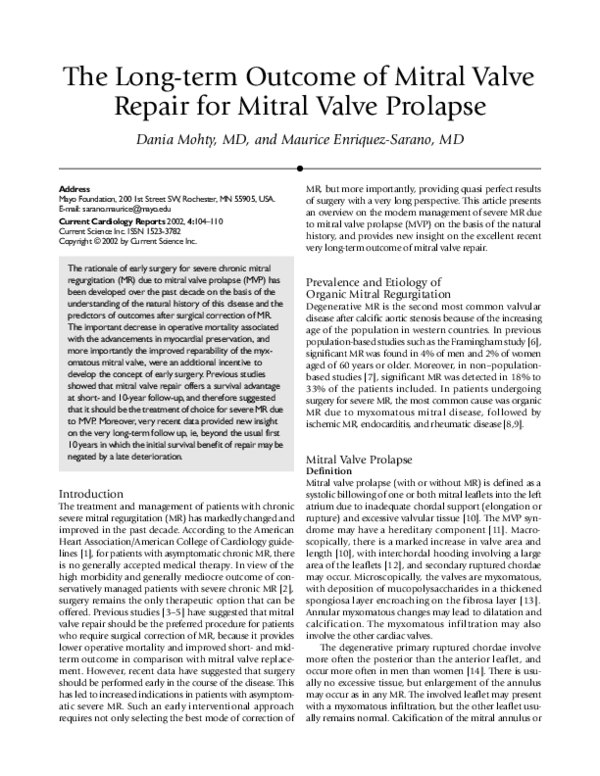 (PDF) The long-term outcome of mitral valve repair for mitral valve ...