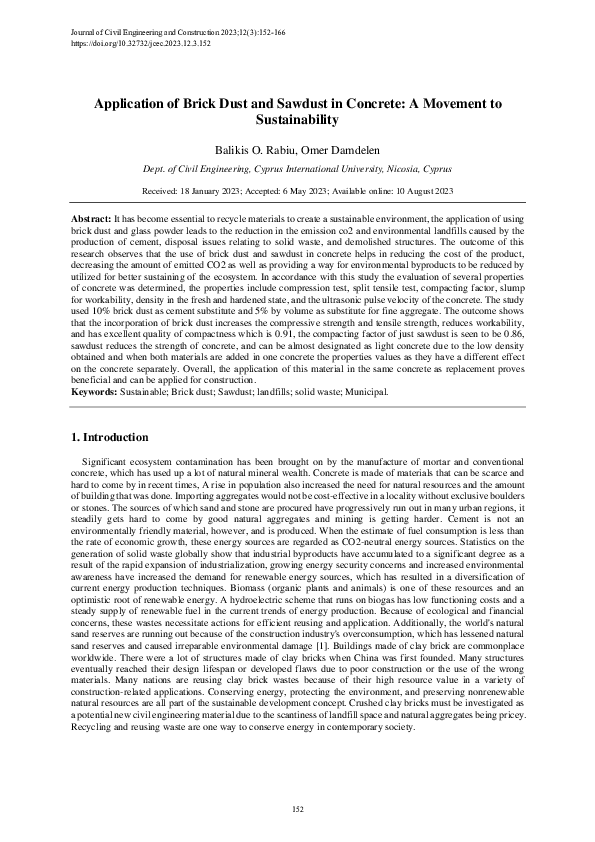 (PDF) Application of Brick Dust and Sawdust in Concrete: A Movement to ...