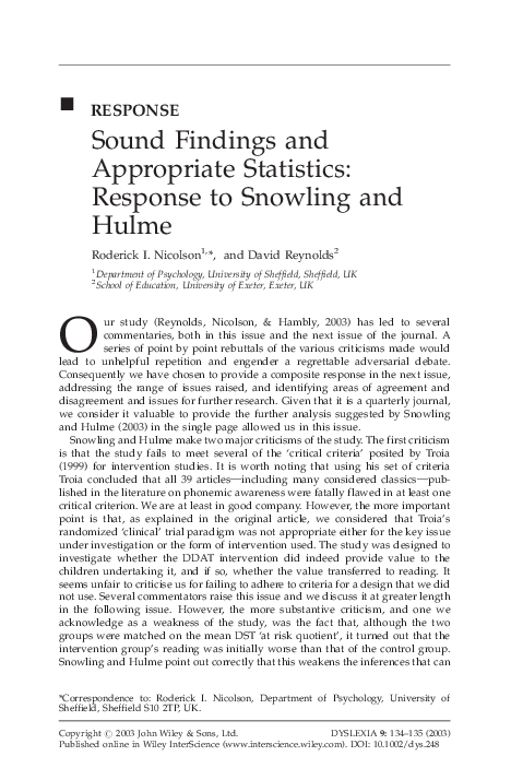 (PDF) Sound findings and appropriate statistics: Response to Snowling ...