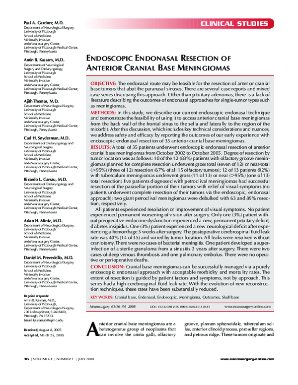 (PDF) Endoscopic Endonasal Resection of Anterior Cranial Base Meningiomas