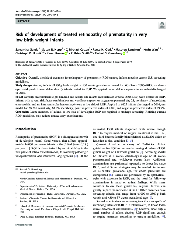 (PDF) Risk of development of treated retinopathy of prematurity in very ...