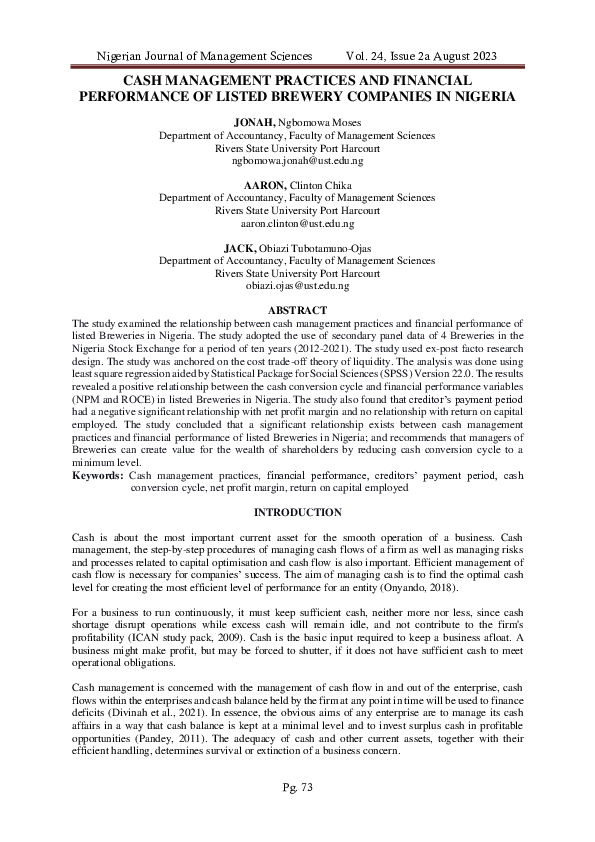 (PDF) CASH MANAGEMENT PRACTICES AND FINANCIAL PERFORMANCE OF LISTED ...