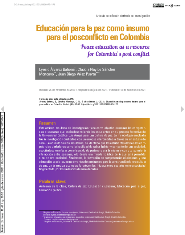 (PDF) Educación para la paz como insumo para el posconflicto en Colombia
