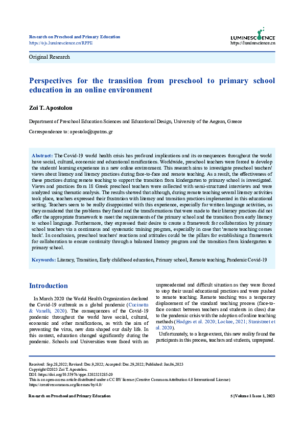 (PDF) Perspectives for the transition from preschool to primary school ...