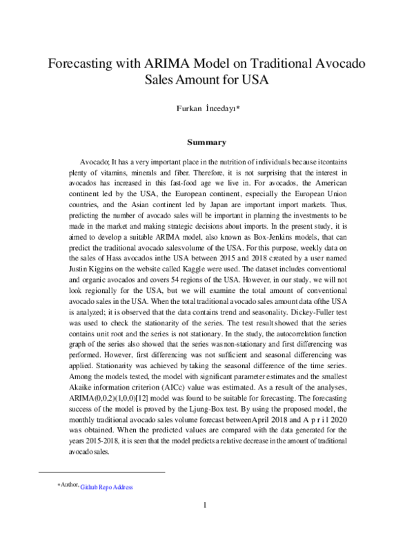 (PDF) Forecasting with ARIMA Model on Traditional Avocado Sales Amount ...