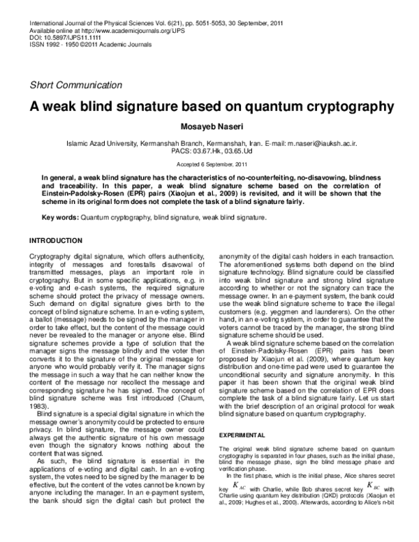 Pdf A Weak Blind Signature Based On Quantum Cryptography