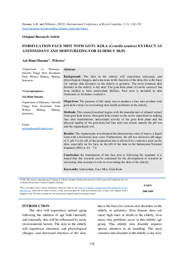 (PDF) FORMULATION FACE MIST WITH GOTU KOLA (Centella asiatica) EXTRACT