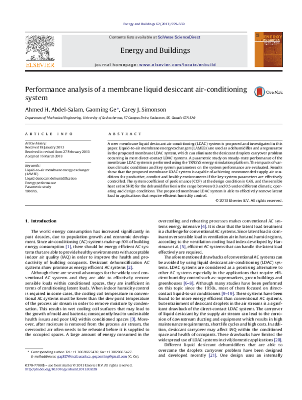 (PDF) Performance analysis of a membrane liquid desiccant air ...