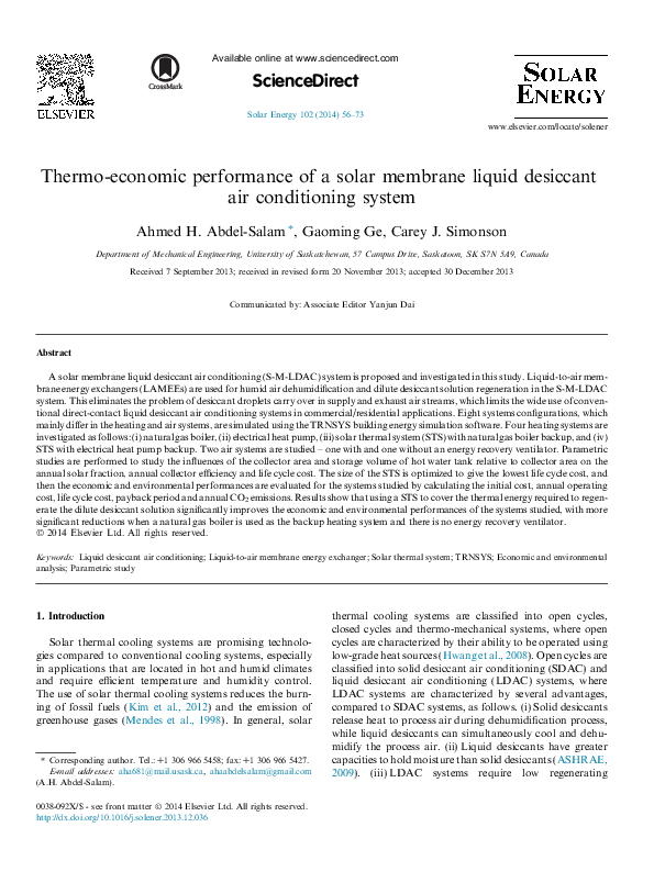 (PDF) Thermo-economic performance of a solar membrane liquid desiccant ...
