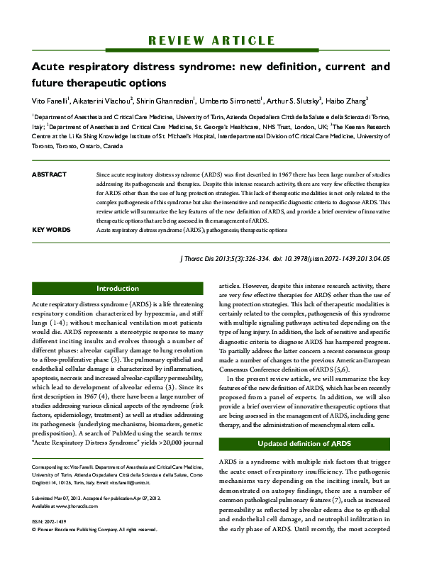 (PDF) Acute respiratory distress syndrome: New definition, current and ...