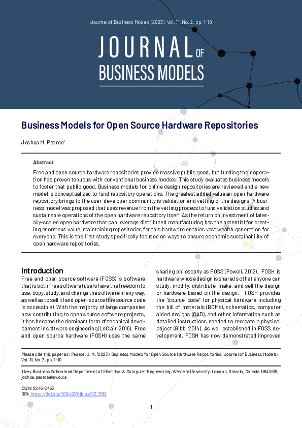 Business Models for Open Source Hardware Repositories