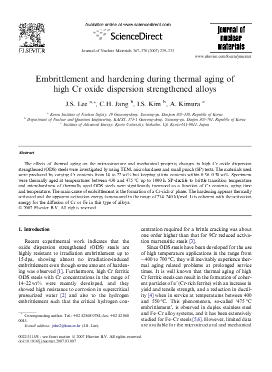 (PDF) Embrittlement and hardening during thermal aging of high Cr oxide ...