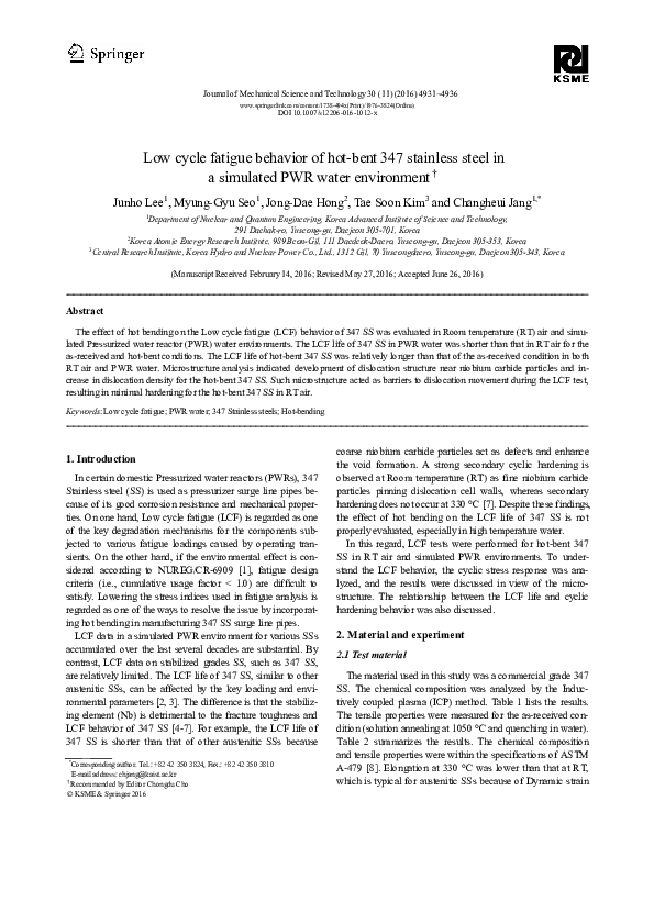 (PDF) Low cycle fatigue behavior of hot-bent 347 stainless steel in a ...