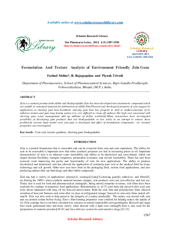 (PDF) Formulation And Texture Analysis of Environment Friendly Zein Gum