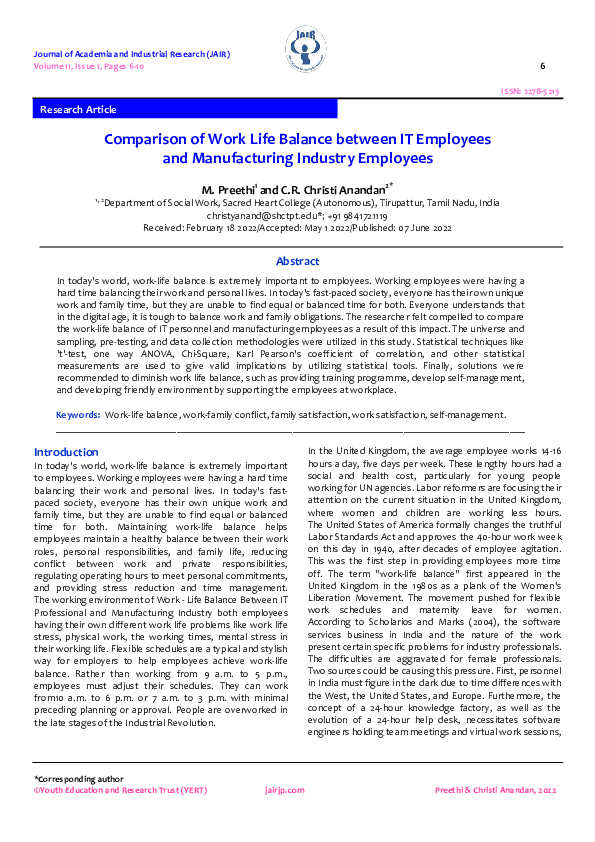(PDF) Comparison of Work Life Balance between IT Employees and ...