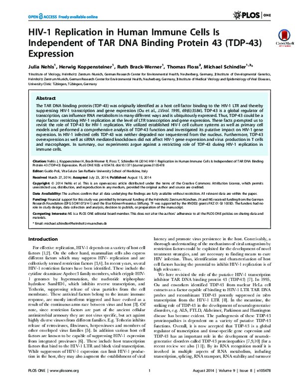 HIV-1 Replication in Human Immune Cells Is Independent of TAR DNA Binding Protein 43 (TDP-43) Expression