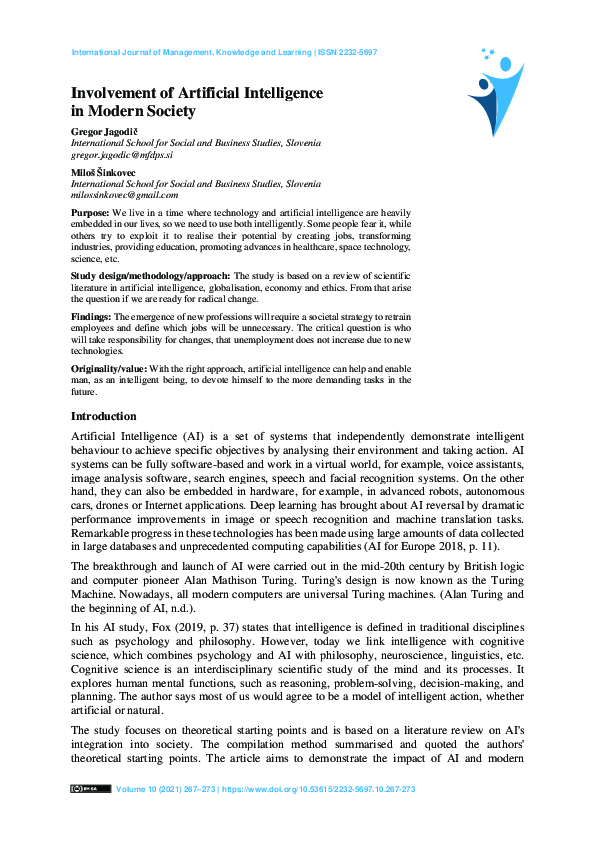 (PDF) Involvement of Artificial Intelligence in Modern Society