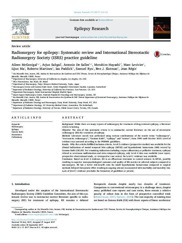 (PDF) Radiosurgery for epilepsy Systematic review and International Stereotactic Radiosurgery