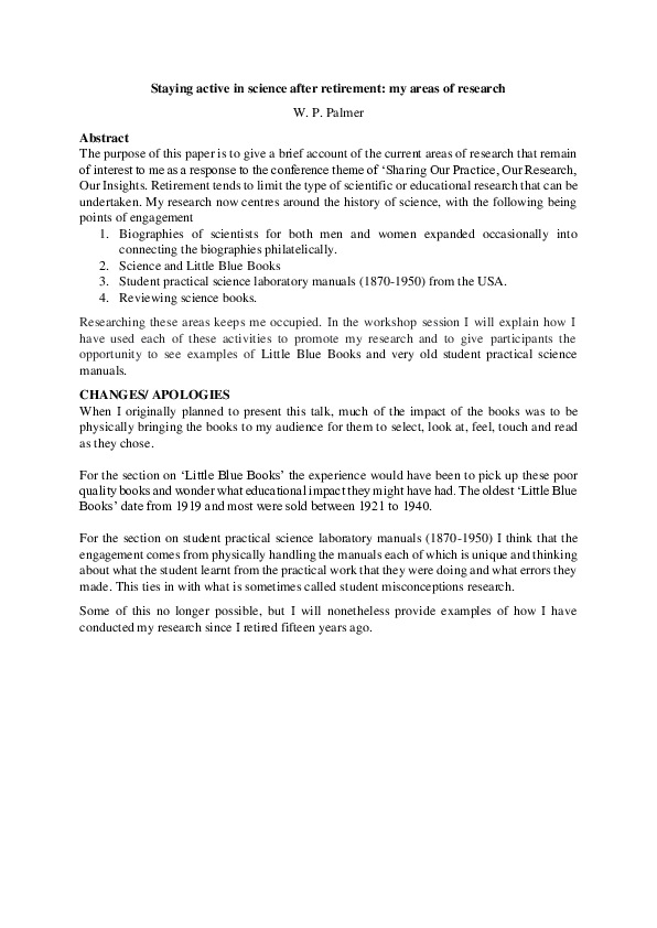(PDF) Staying active in science after retirement: my areas of research