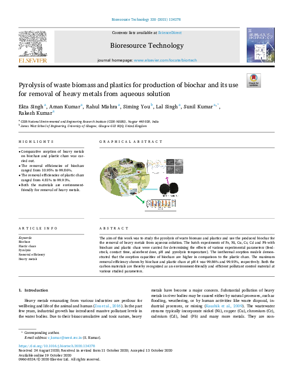 (PDF) Pyrolysis of waste biomass and plastics for production of biochar ...