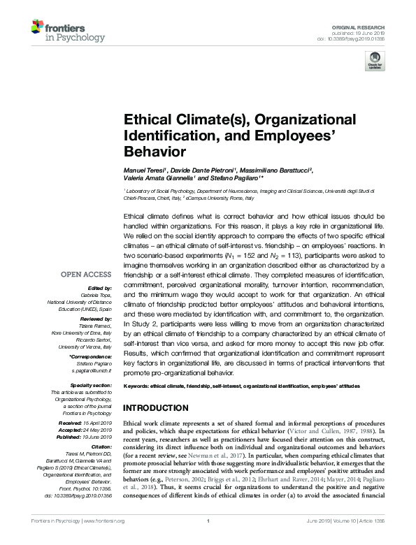 (PDF) Ethical Climate(s), Organizational Identification, and Employees ...