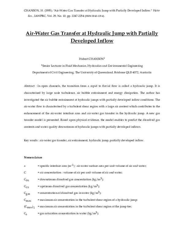 (PDF) Air-water gas transfer at hydraulic jump with partially developed ...