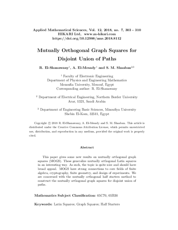 (PDF) Mutually orthogonal graph squares for disjoint union of paths