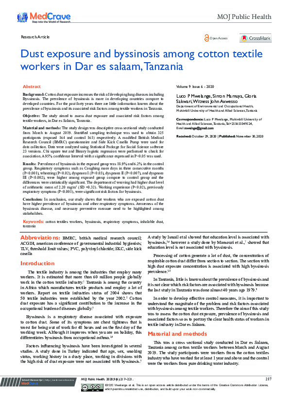 (PDF) Dust exposure and byssinosis among cotton textile workers in Dar ...