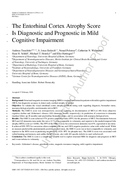 (PDF) The Entorhinal Cortex Atrophy Score Is Diagnostic and Prognostic ...