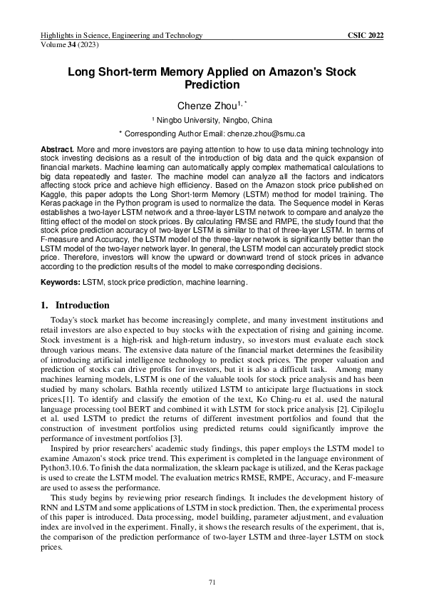 (PDF) Long Short-term Memory Applied on Amazon's Stock Prediction