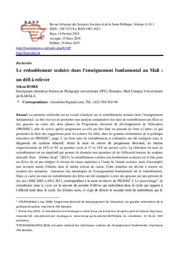 (PDF) Le redoublement scolaire dans l'enseignement fondamental au Mali ...