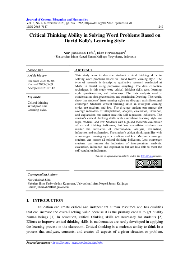 (PDF) Critical Thinking Ability in Solving Word Problems Based on David ...