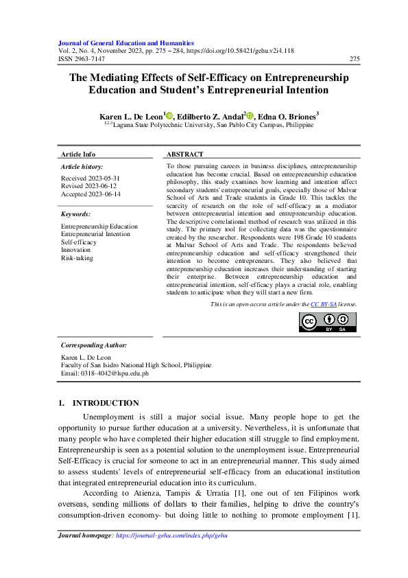 (PDF) The Mediating Effects of Self-Efficacy on Entrepreneurship ...