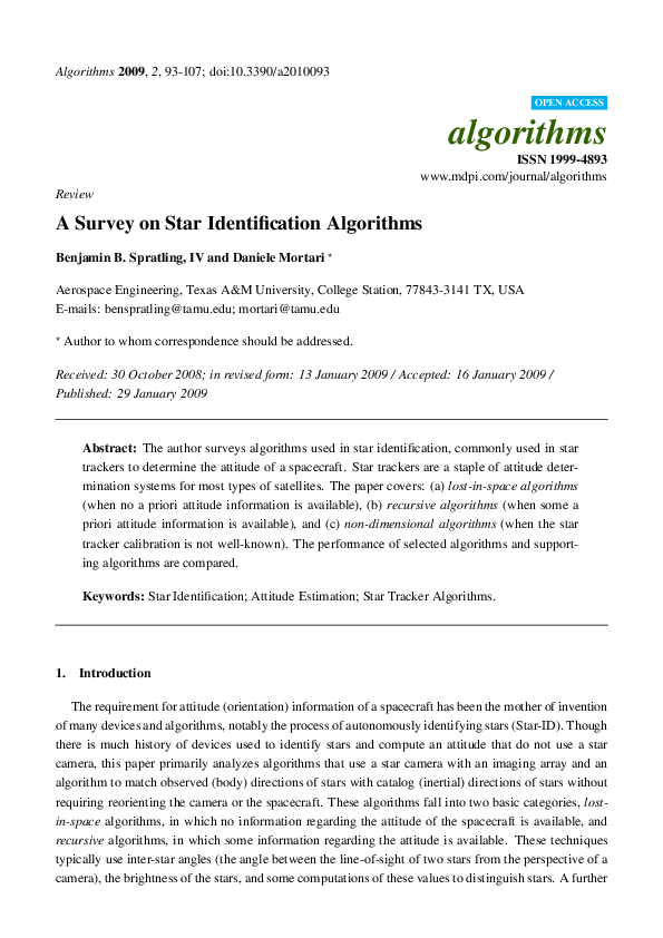 (PDF) Review A Survey on Star Identification Algorithms
